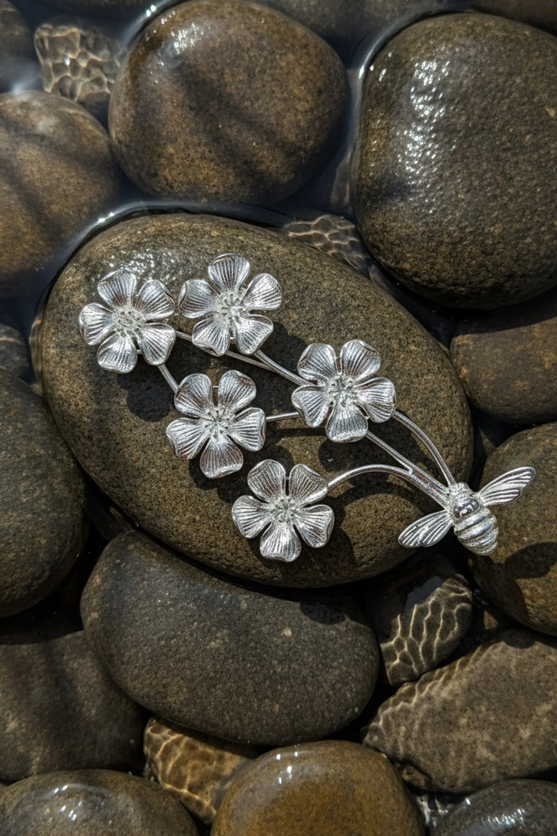 Silver Bee Floral Brooch