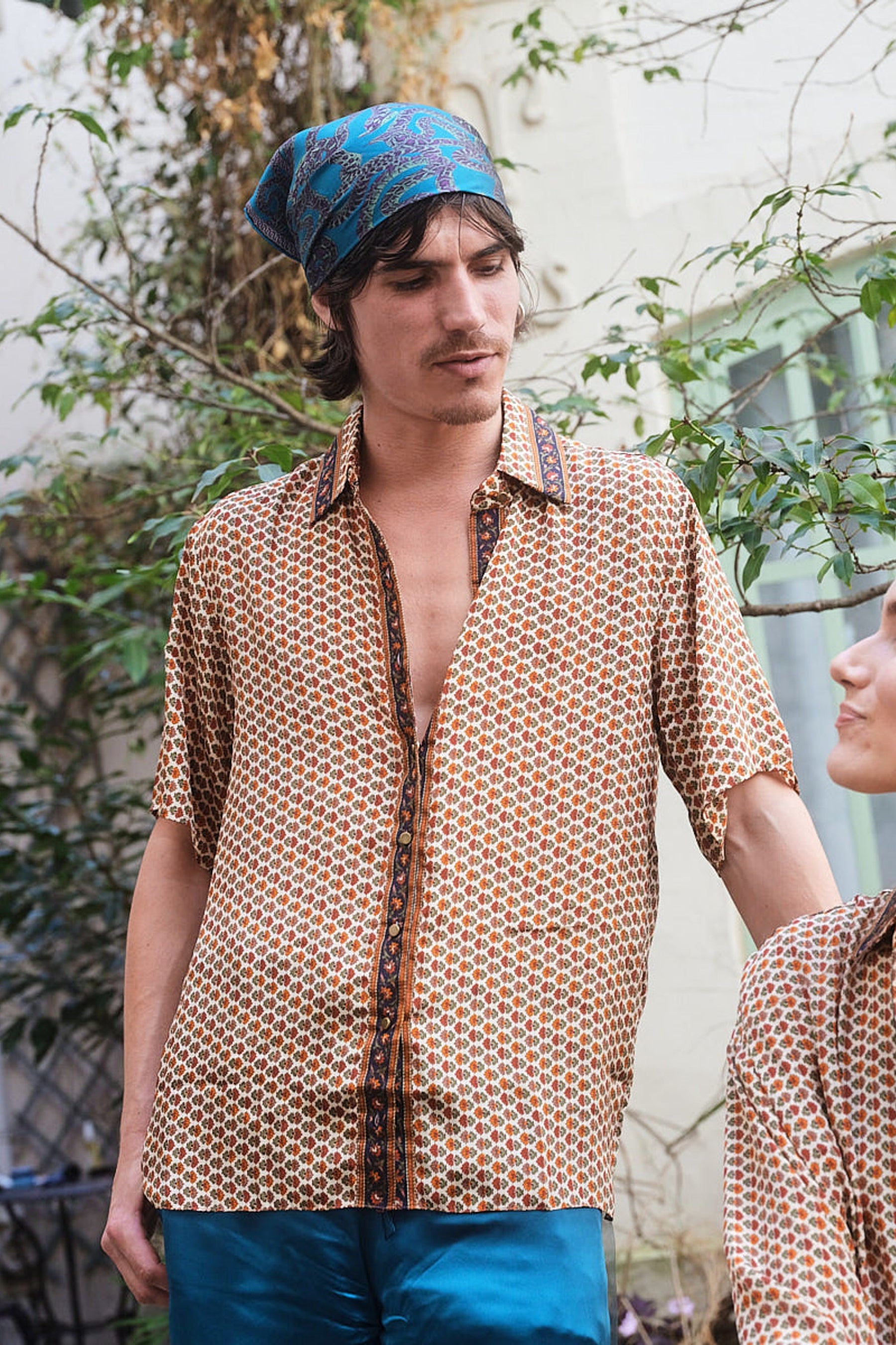 Embossed Botanical Short Sleeve Crepe Shirt