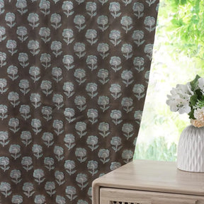 Floral Block Print Pure Linen Pleated Curtain - Rohini