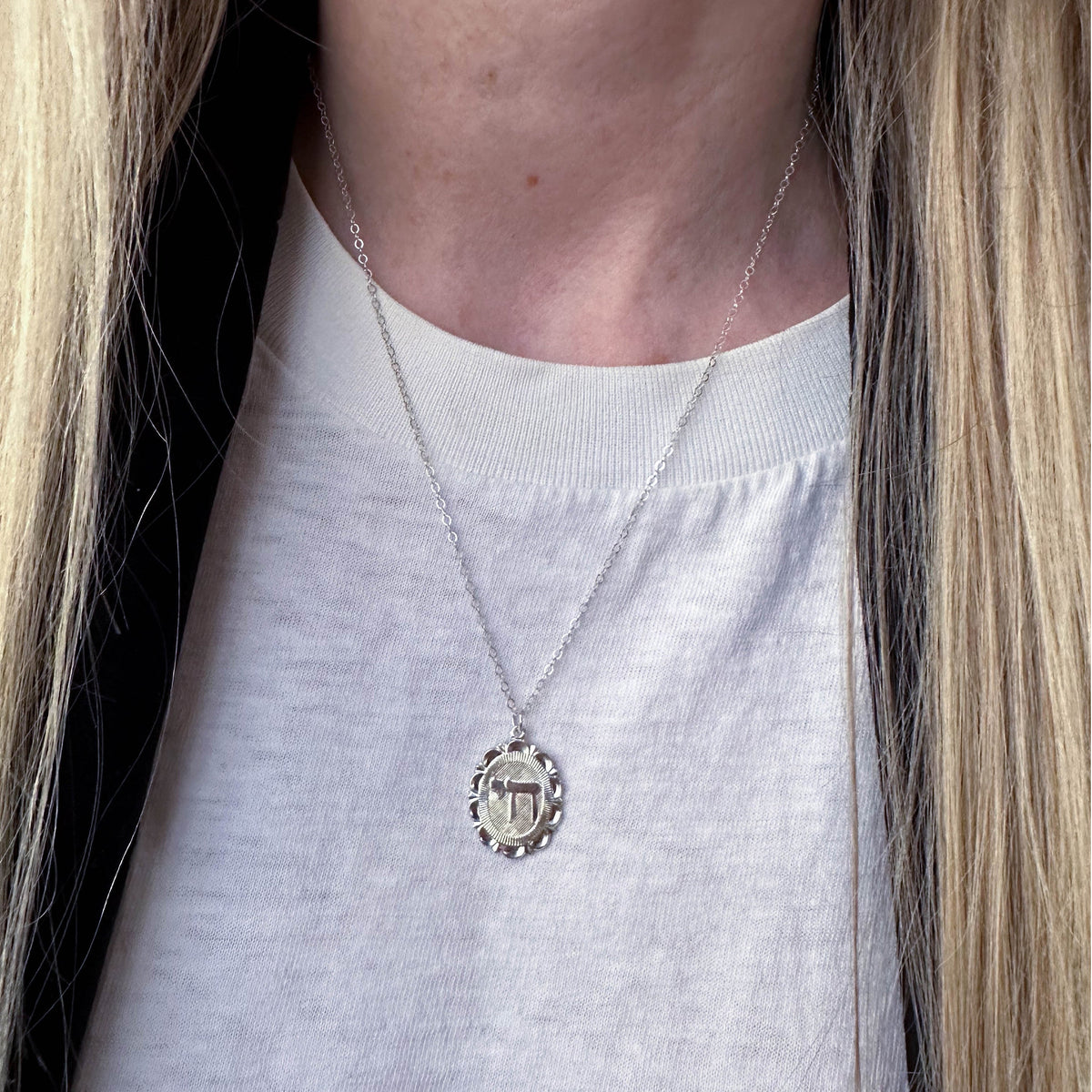 Chai Charm Necklace Sterling Silver Flower Frame