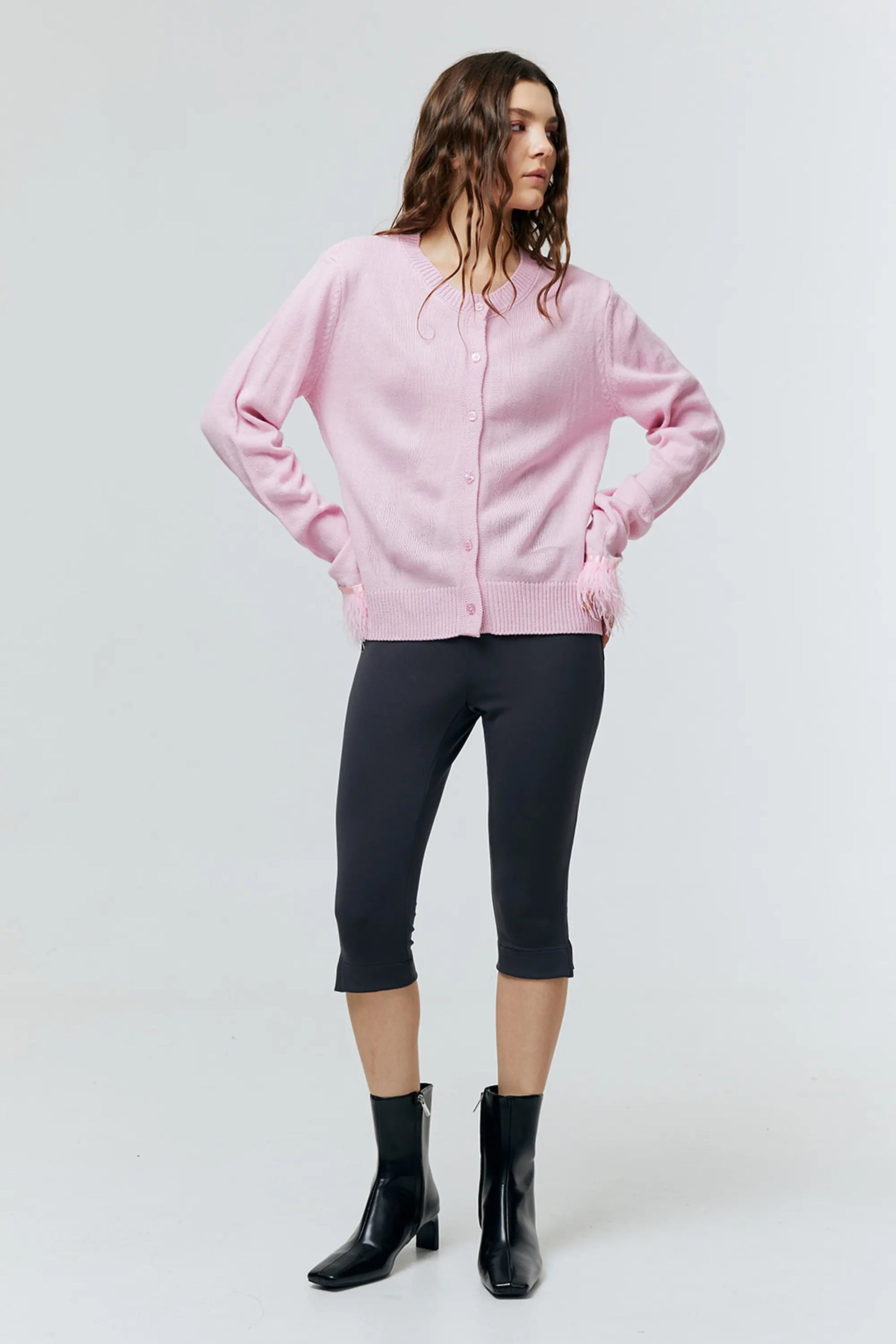 NEMI FEATHER TRIM KNIT CARDIGAN