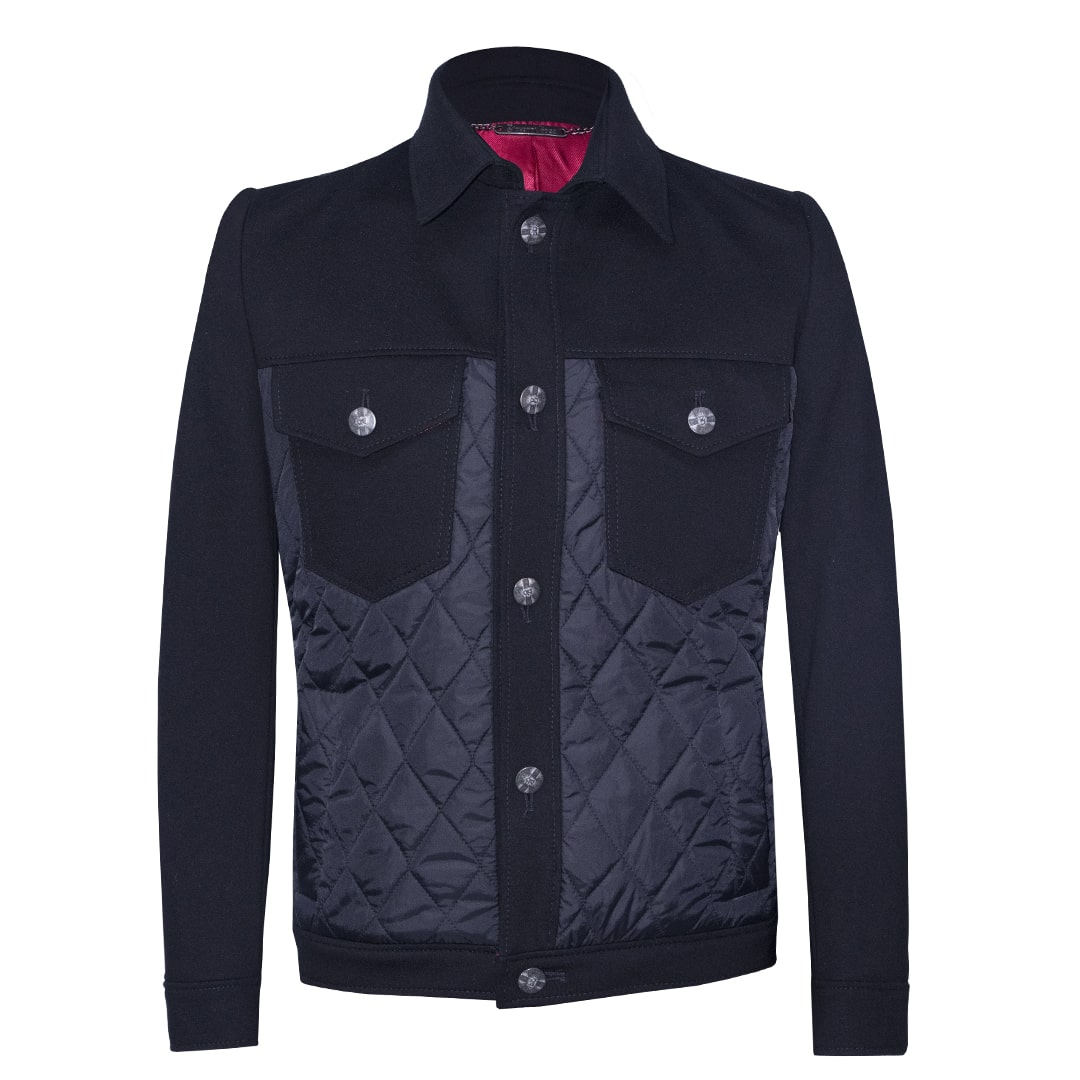 Black casual jean jacket featuring textile fabric combinations