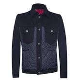 Black casual jean jacket featuring textile fabric combinations