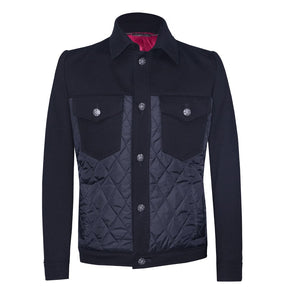 Black casual jean jacket featuring textile fabric combinations