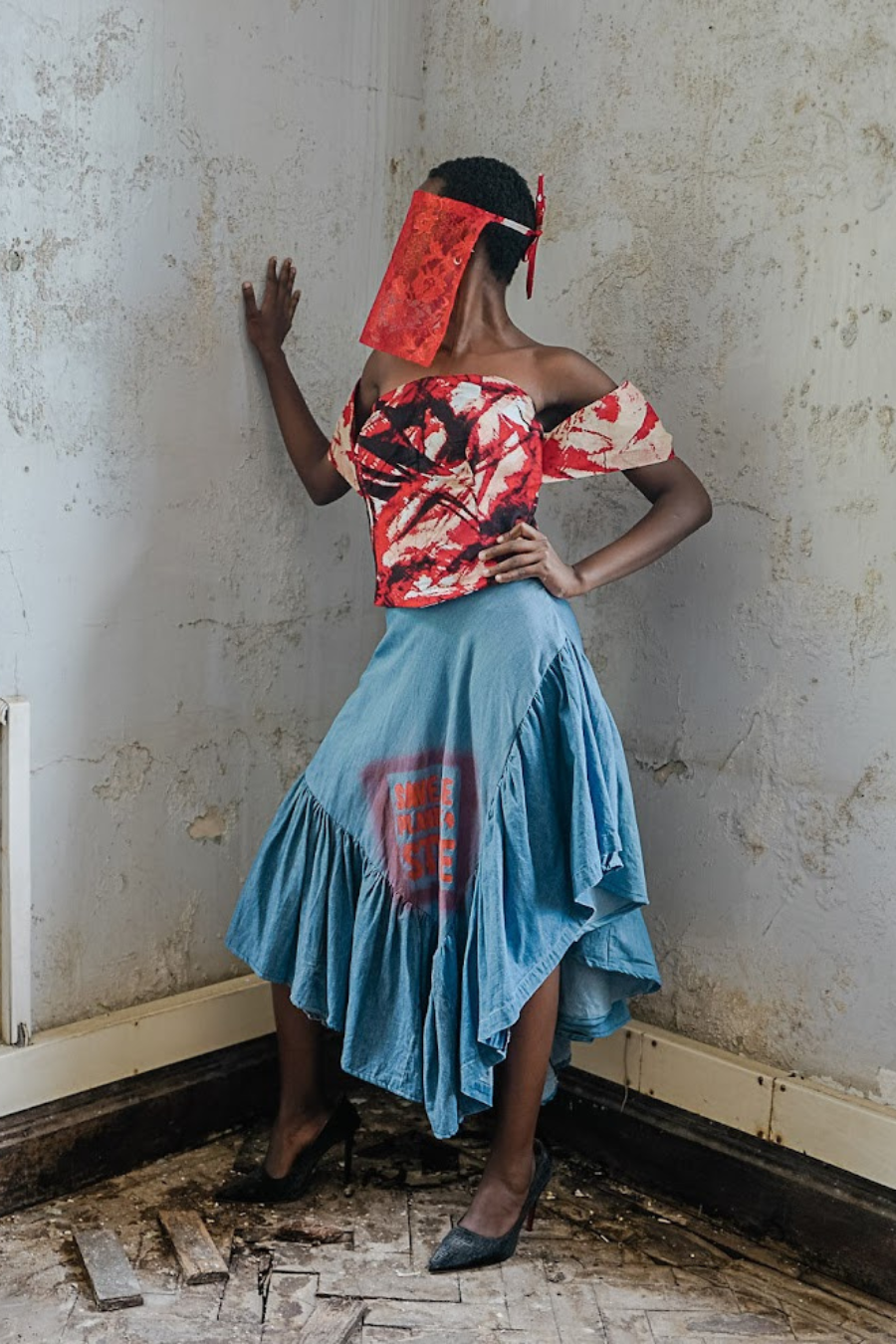 Upcycled Batik Corset & Denim Midi Skirt Set