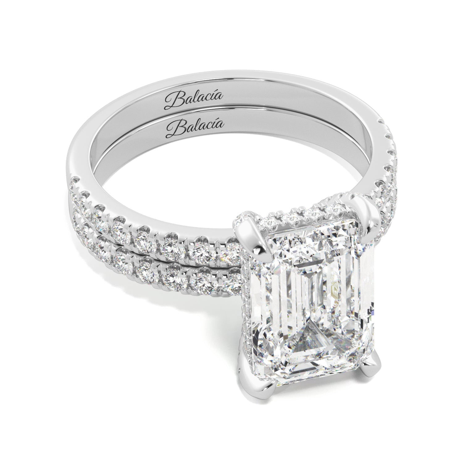 Emerald Cut Hidden Halo Engagement Ring Set