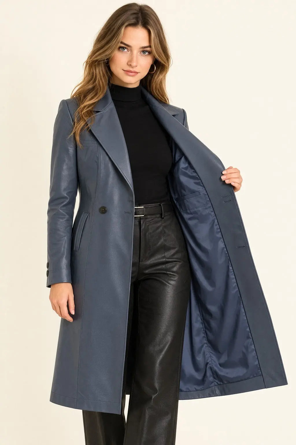 Blue Leather Trench Coat &amp; Black Wide-Leg Pants