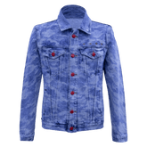 Classic camo denim jacket with red buttons