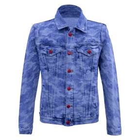 Classic camo denim jacket with red buttons