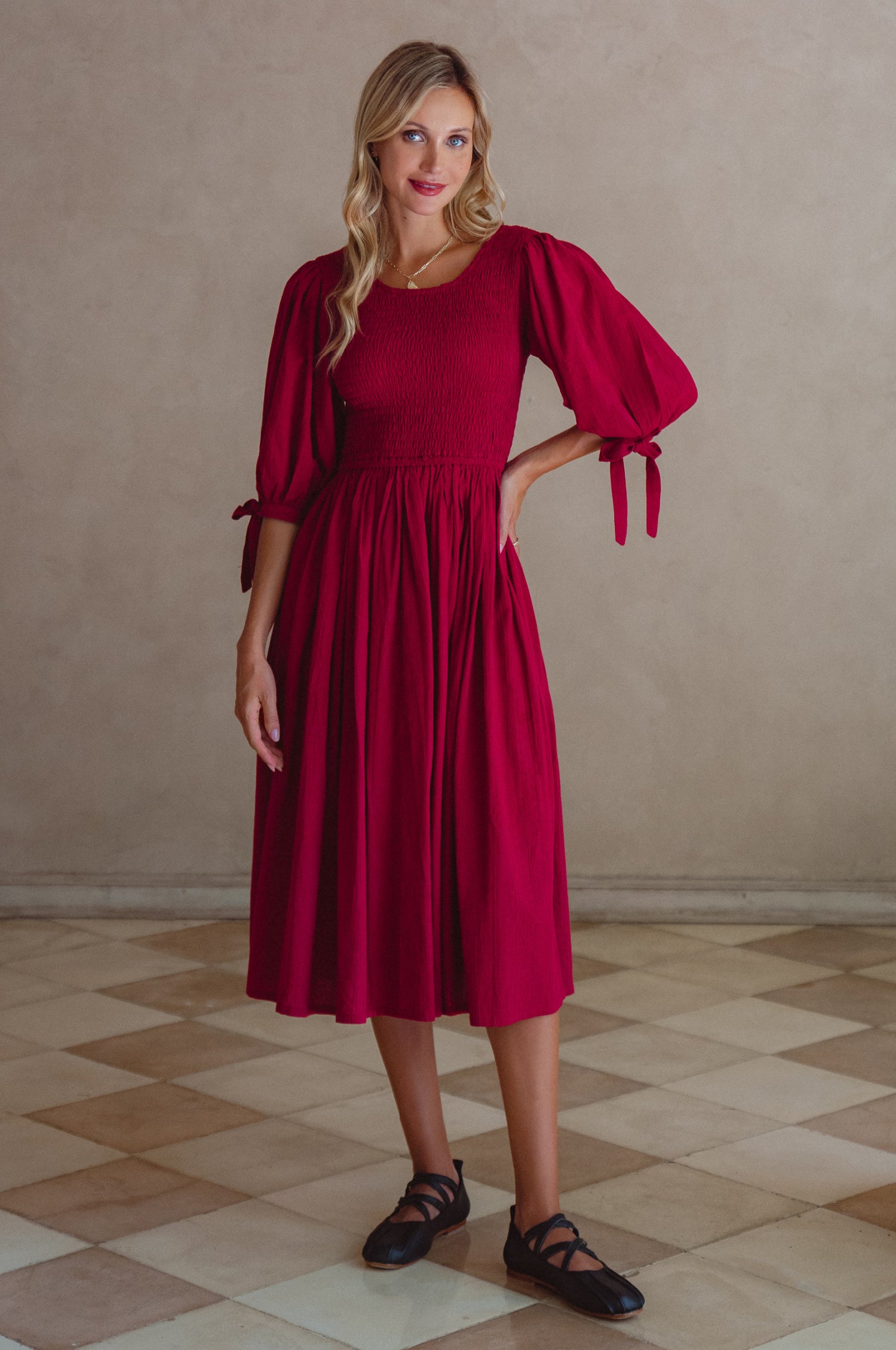 Freya Smocked Linen Midi Dress - Sangria