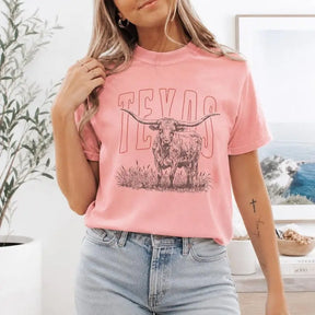 Texas Longhorn Cattle Graphic T-Shirt | Light Pink Western Country Cotton Tee
