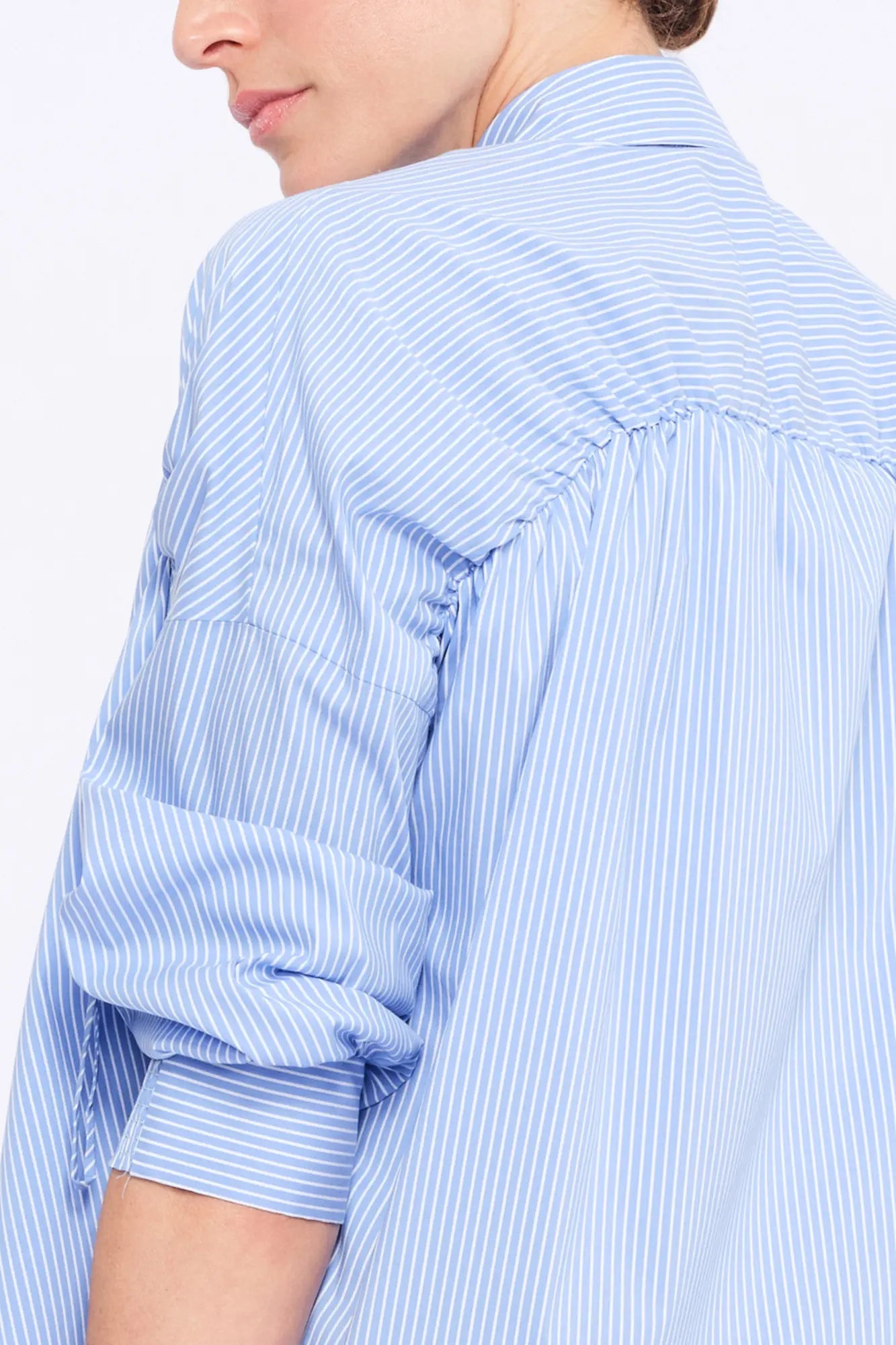 Star Gathered Shoulder Blouse | Striped Light Blue