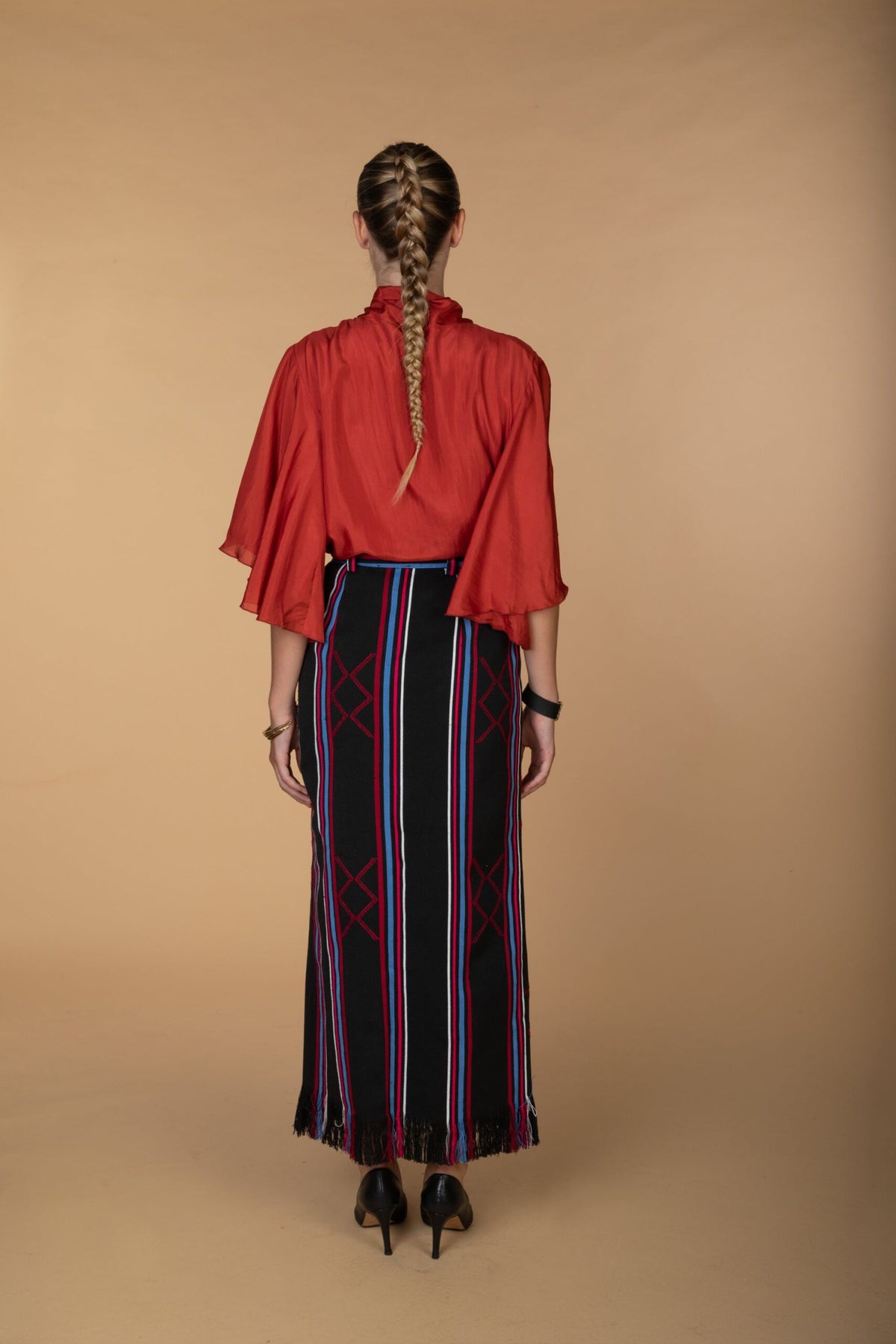 AMINA, Black Kente pencil skirt with front slit