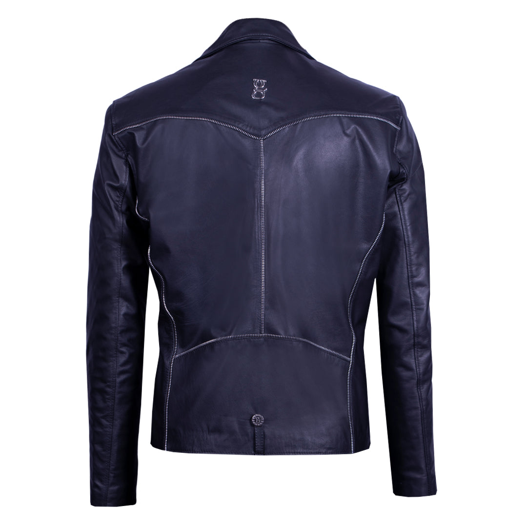 Black Biker-Style Leather Jacket with Bold Zipper Accents