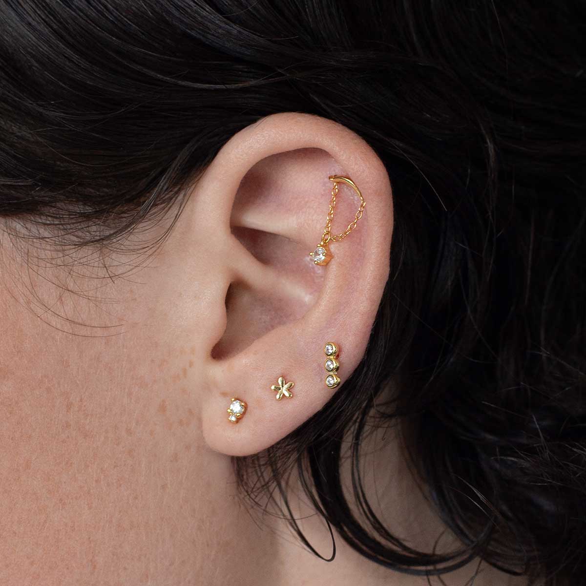 Triple Round Flatback Earring Stud Gold