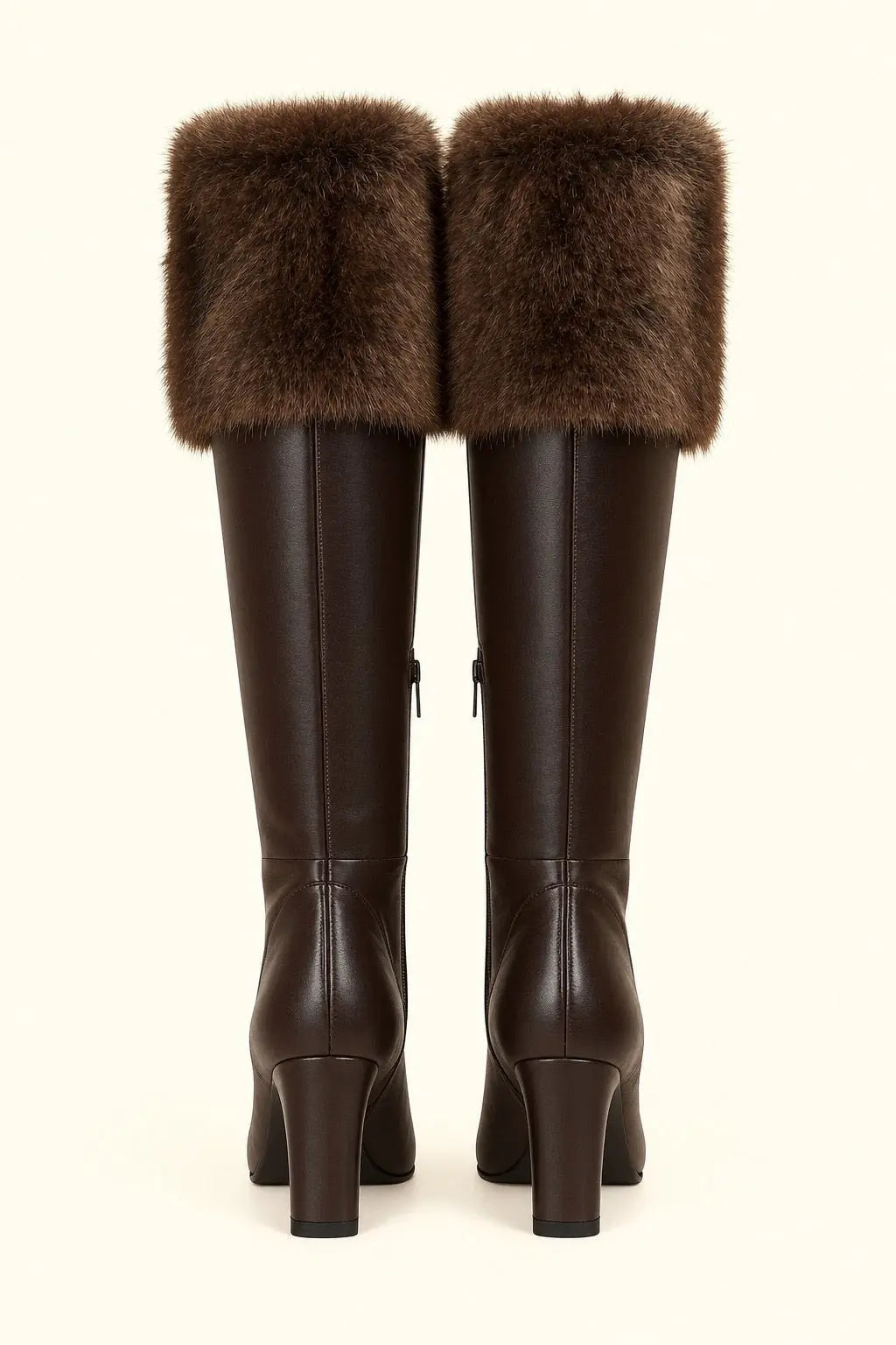 Dark Brown Leather Knee-High Boots with Fur Cuffs