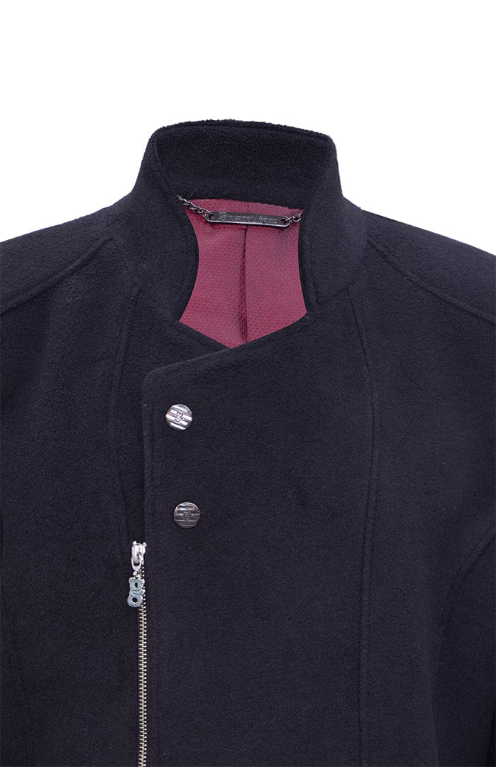 Black coat featuring zipper and snap closures