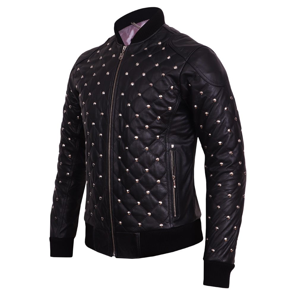 Leather bomber jacket with studs