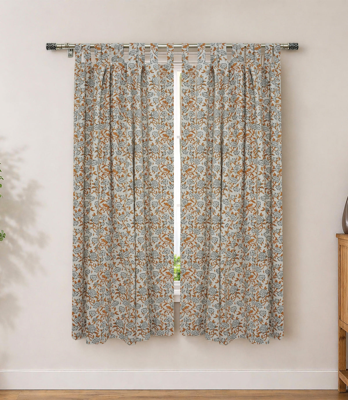 Artisan Block Print Curtains Yellow Floral Linen Semi Sheer | Mrignayani