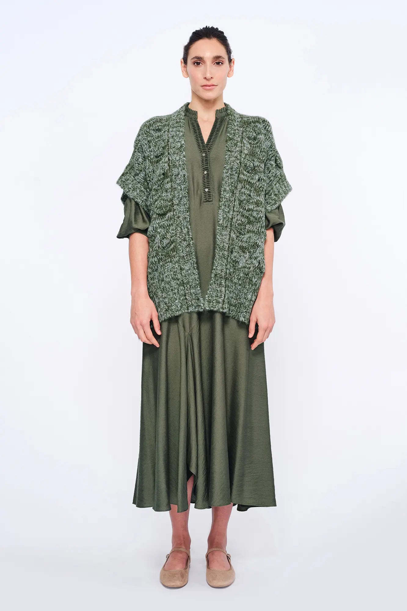 Dayana Alpaca Fringe Poncho | Olive Melange