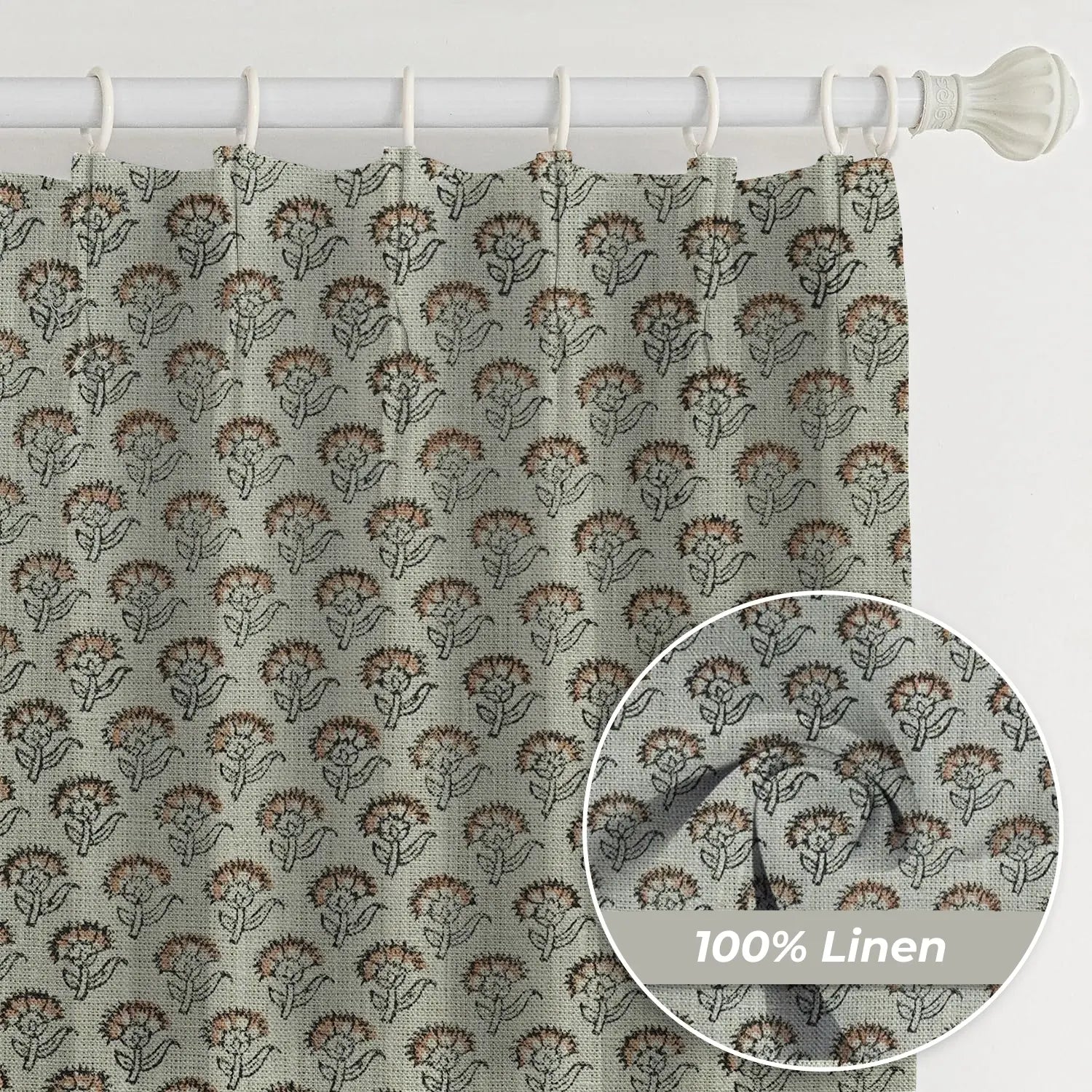 Handcrafted Print Thick Linen Pleated Curtain- Juju Flower