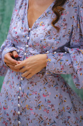 Juliette Pearl Buttons Midi Dress - Lavender Bloom