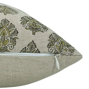 Decorative Hand-Carved Block Printed Boho Pure Linen Pillow Cover- Betal Leaf