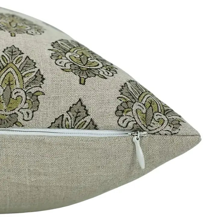 Decorative Hand-Carved Block Printed Boho Pure Linen Pillow Cover- Betal Leaf