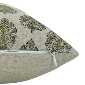 Decorative Hand-Carved Block Printed Boho Pure Linen Pillow Cover- Betal Leaf