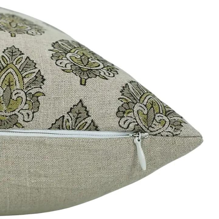 Decorative Hand-Carved Block Printed Boho Pure Linen Pillow Cover- Betal Leaf