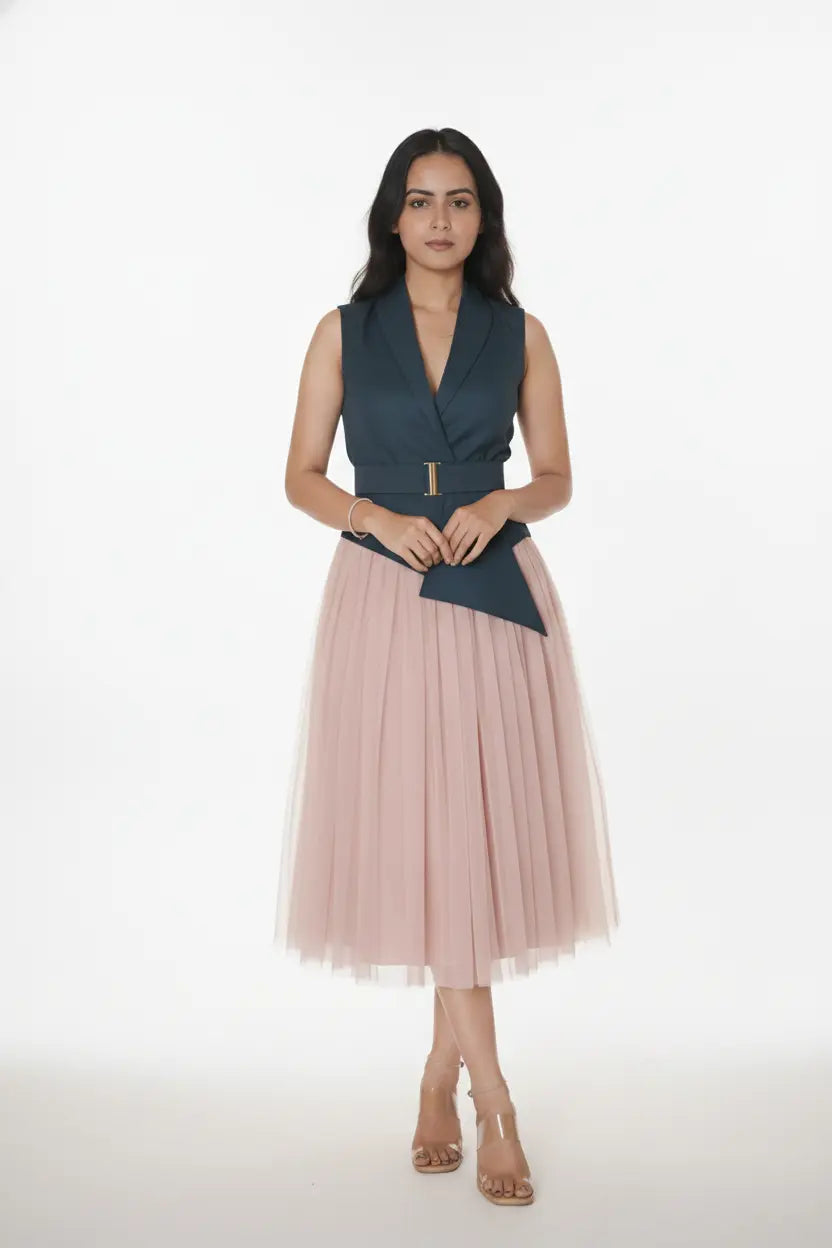 Salmon Pink Skirt & Teal Waist Coat – A Striking Duo