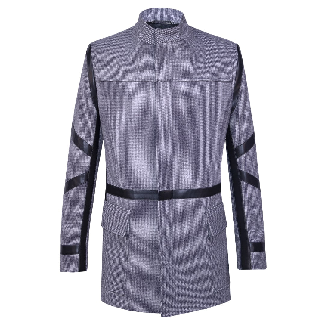 Gray coat with black synthetic fabric accents