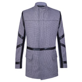 Gray coat with black synthetic fabric accents