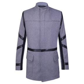 Gray coat with black synthetic fabric accents