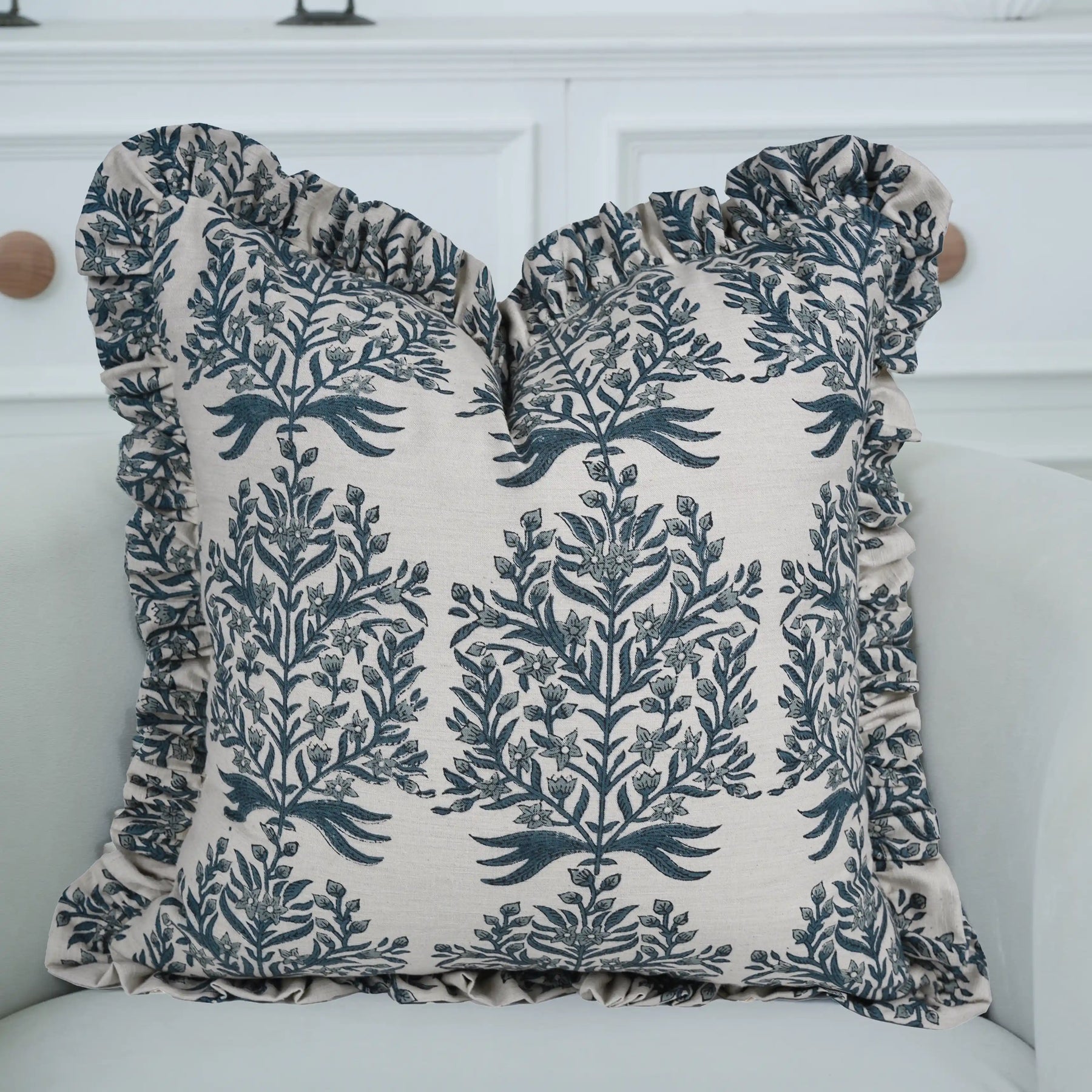 Hand Block Print Linen Blend Frill Cushion Cover - Vrindavan
