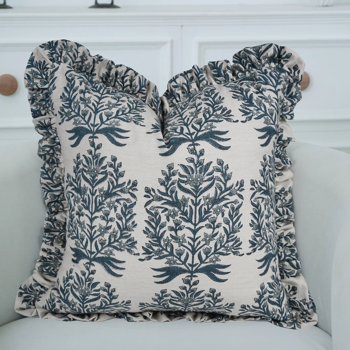Hand Block Print Linen Blend Frill Cushion Cover - Vrindavan