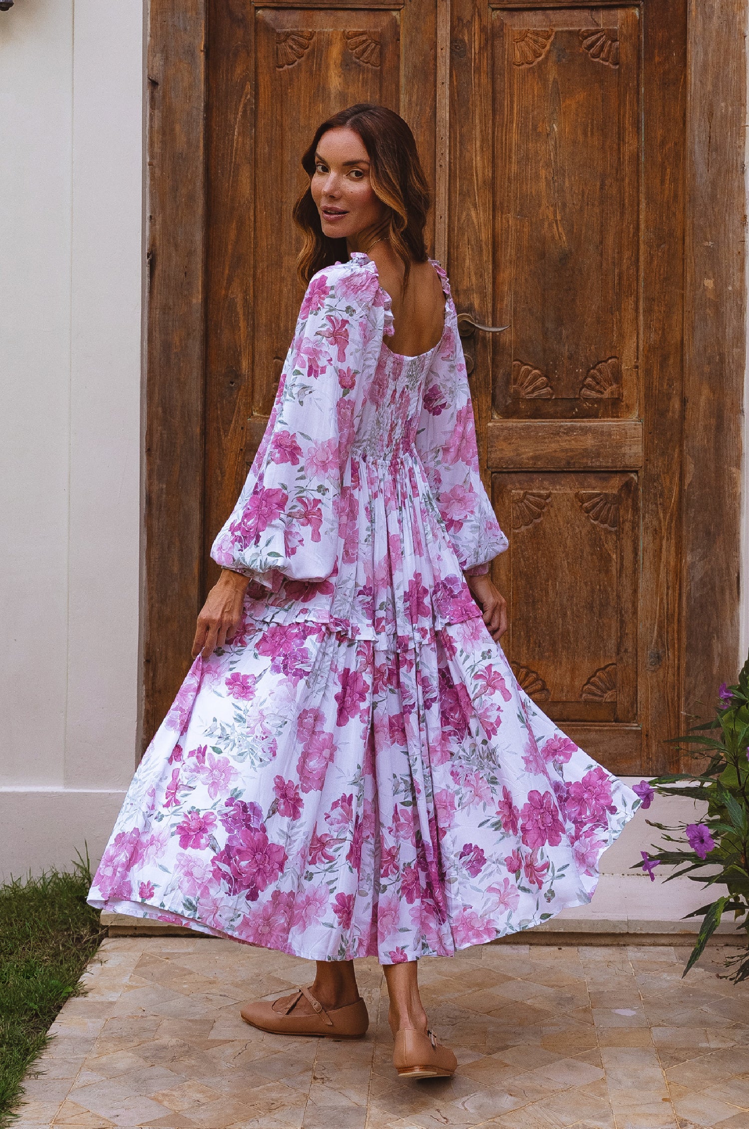 Floriana Long Sleeve Midi Dress - Rose Peony