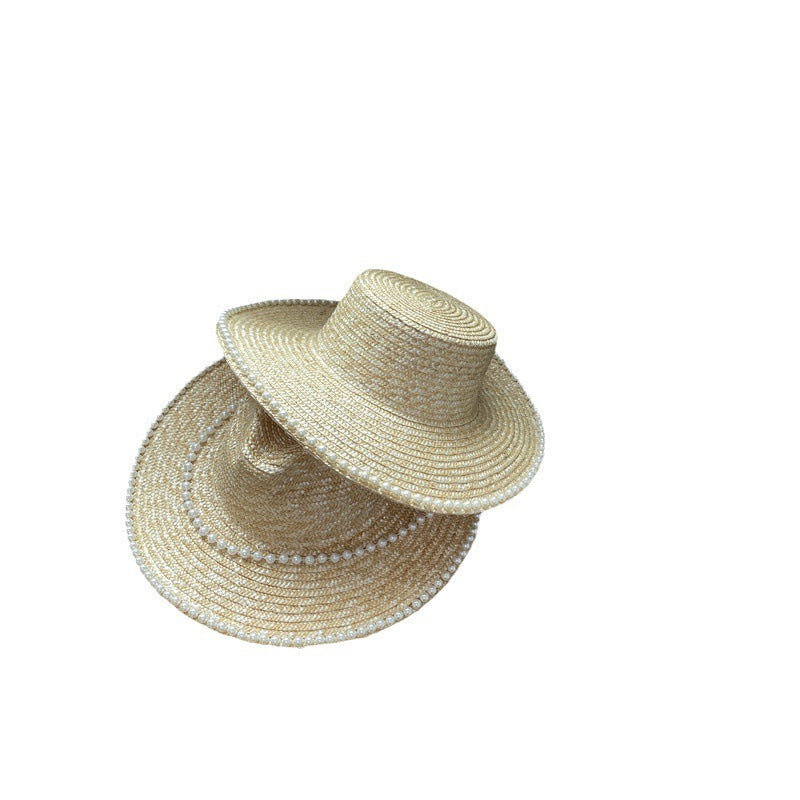Flat top straw straw hat beach vacation sunshade pearl chain design straw hat for women