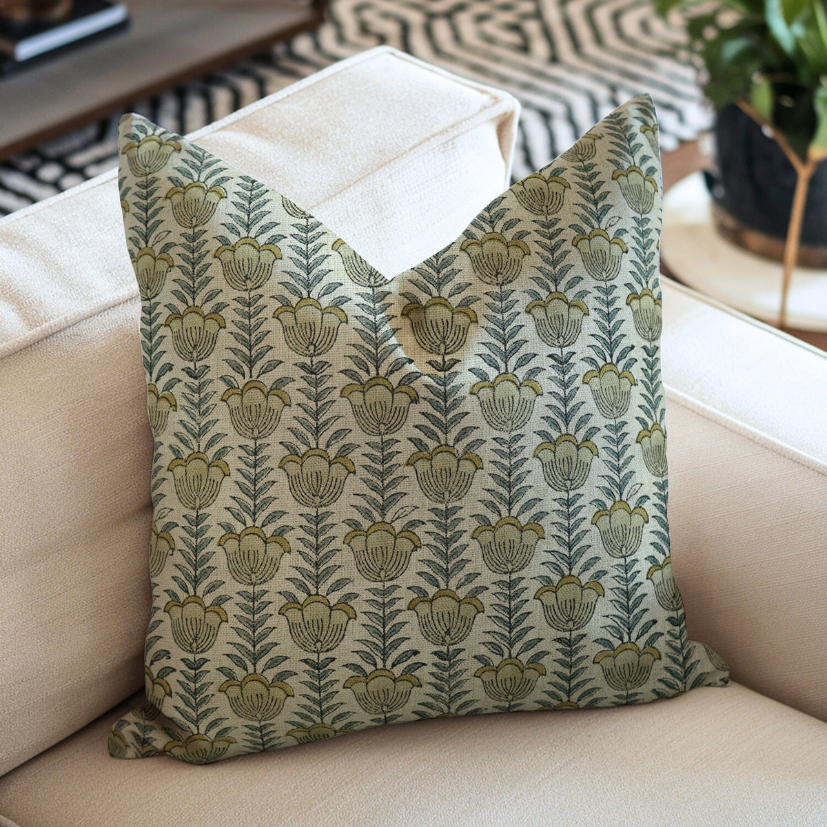 Hand l Block Print Thick Linen Pillow Cover - Lotus
