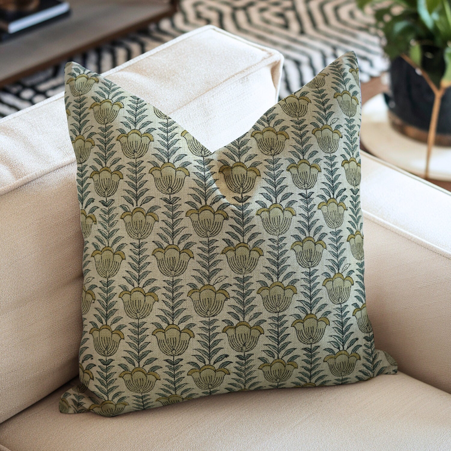 Hand l Block Print Thick Linen Pillow Cover - Lotus