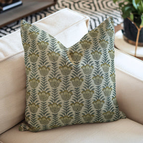 Hand l Block Print Thick Linen Pillow Cover - Lotus