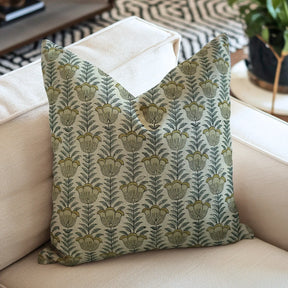 Hand l Block Print Thick Linen Pillow Cover - Lotus