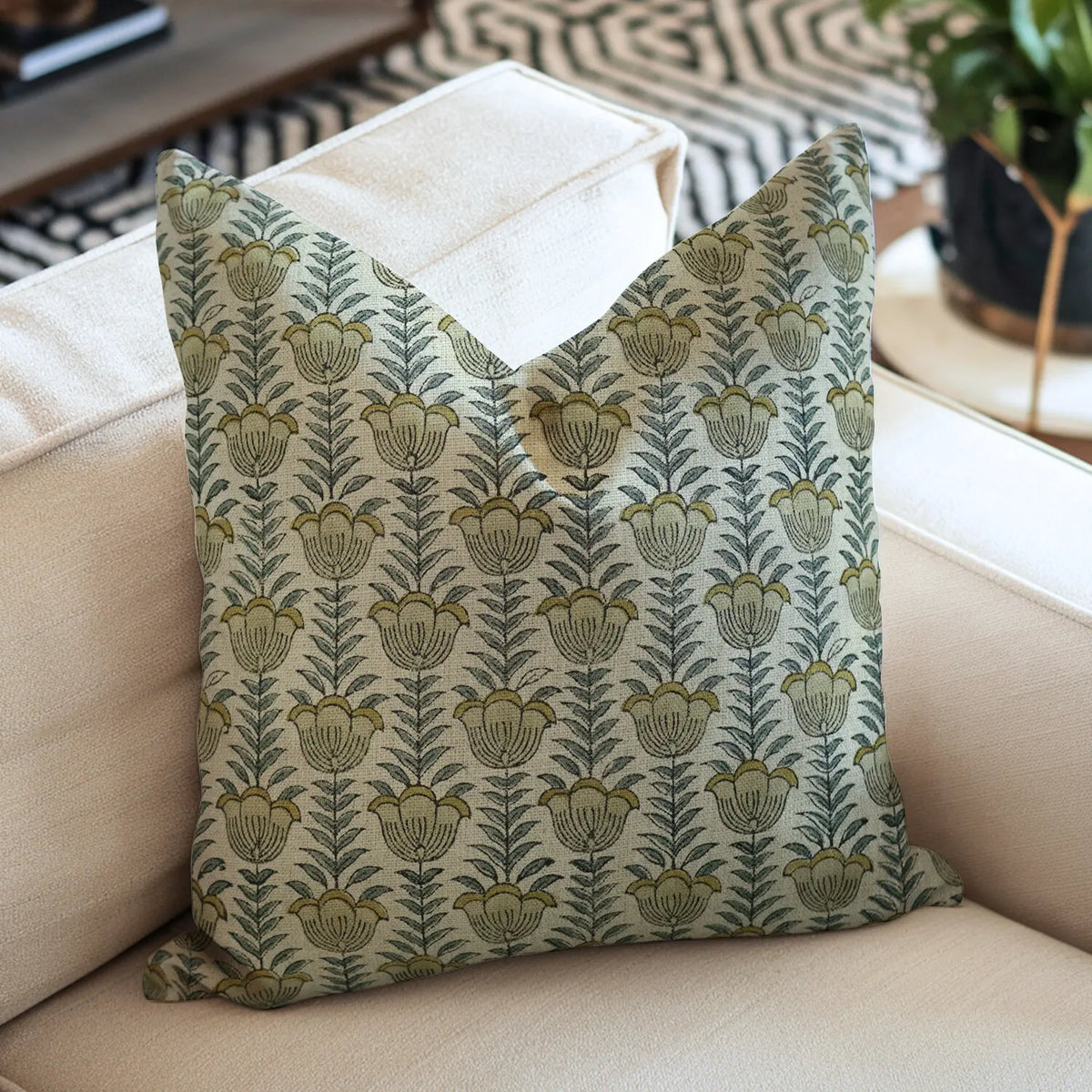 Hand l Block Print Thick Linen Pillow Cover - Lotus