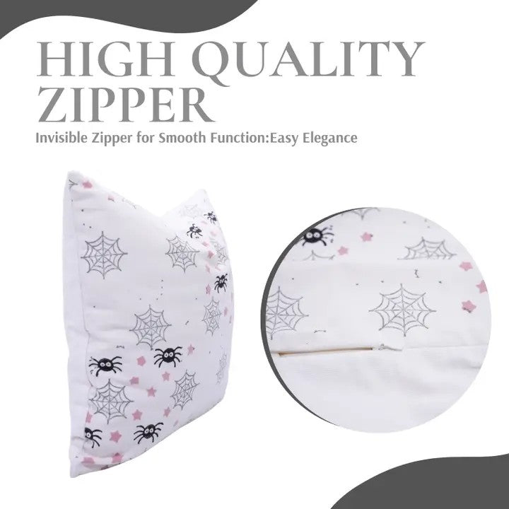 Hallowen Design  Handmade Block Print Thick Cotton White Pillow Cover -Spider Web