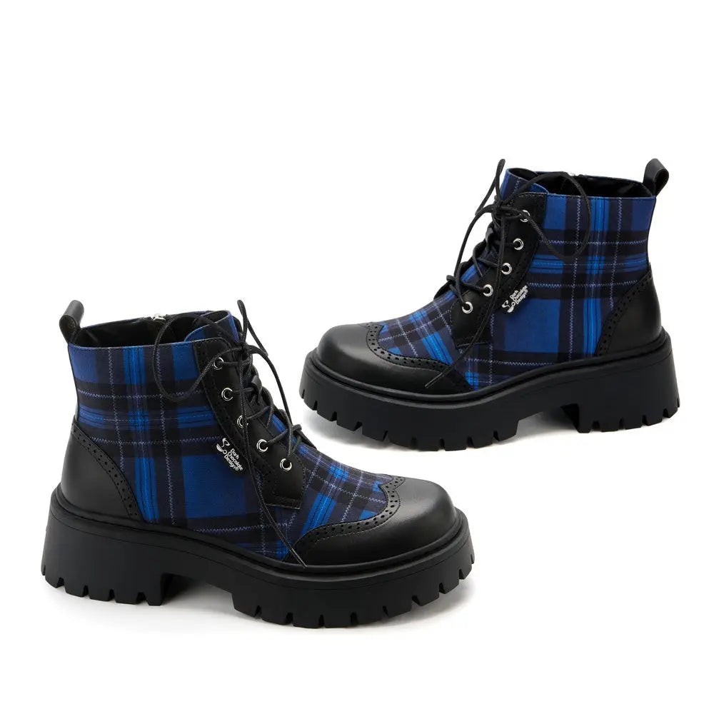 Blue-Tartan Women's Chunky Platform Boots