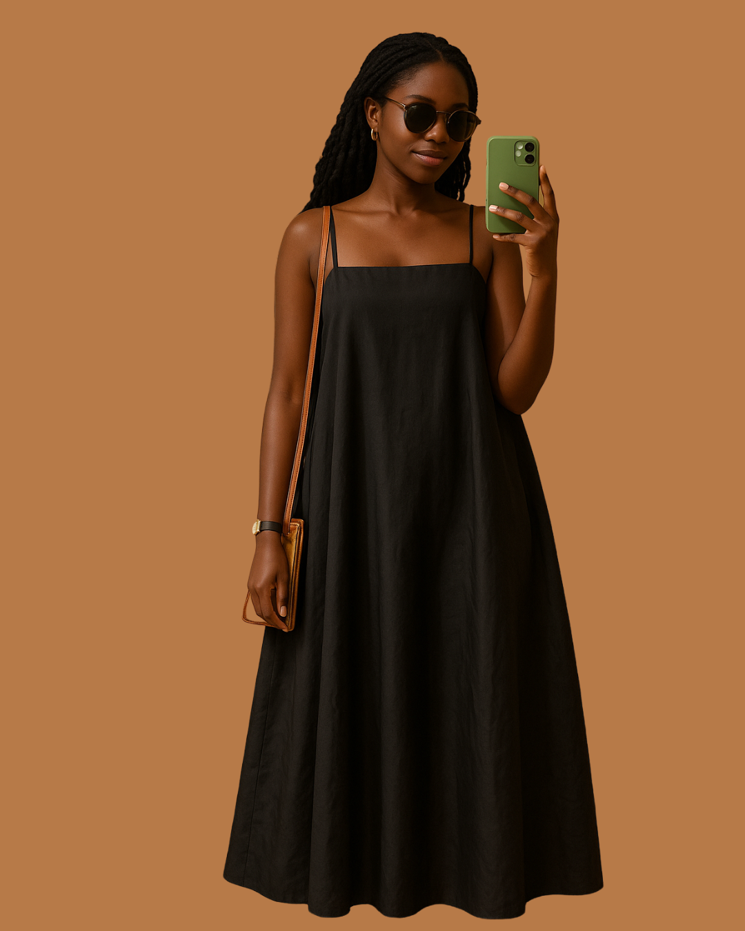 Zuri Black Linen Slip Dress – Square Neck A-Line with Adjustable Straps