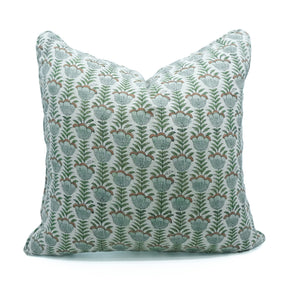 Decorative Floral Block Printed Thick Linen Piped Cushion Cover - Lotus