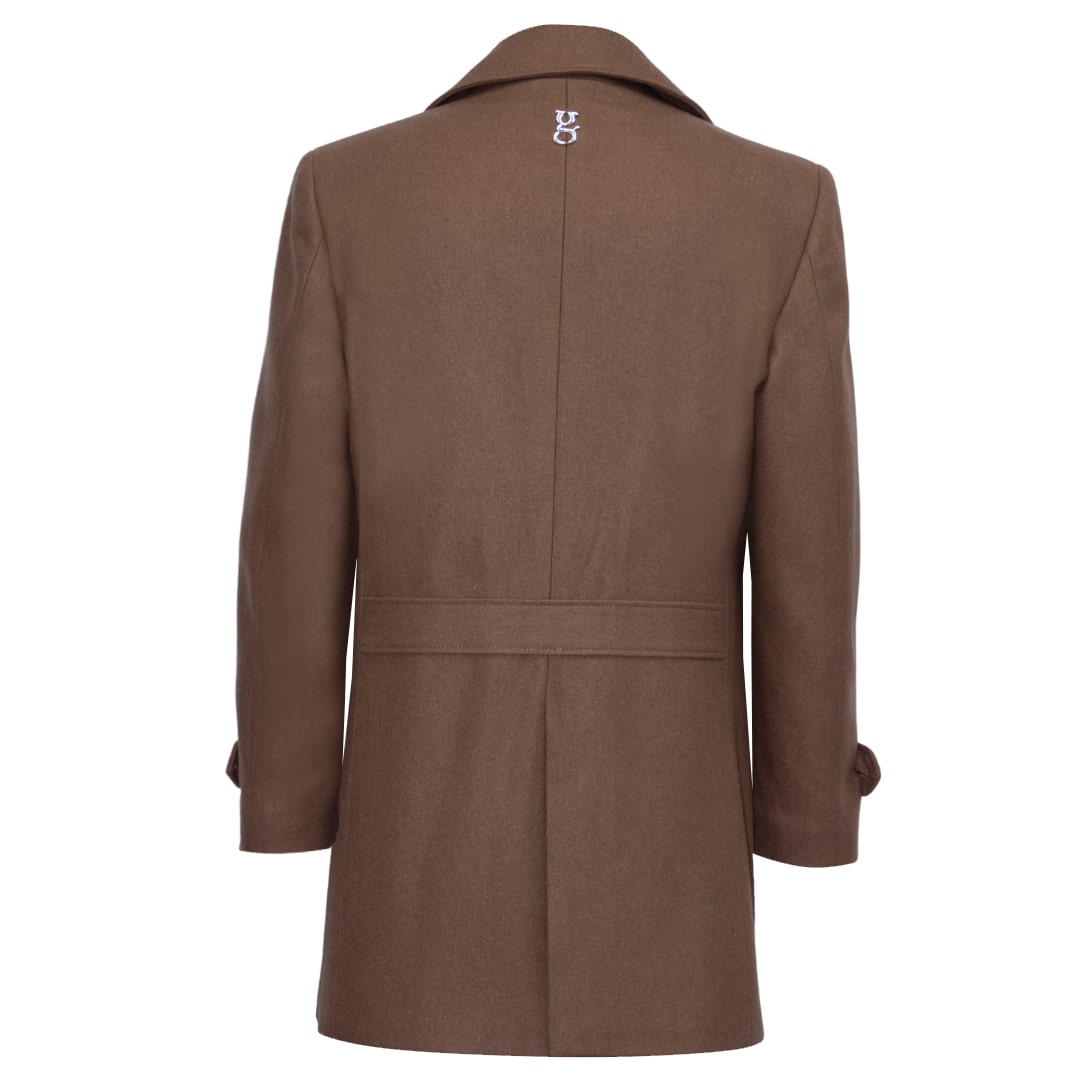 Brown double-breasted coat with wide lapels.
