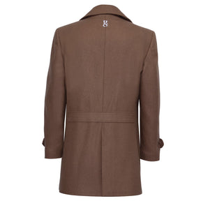Brown double-breasted coat with wide lapels.