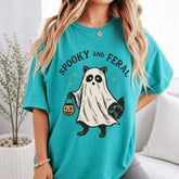 Spooky And Feral Ghost Racoon Halloween Graphic T-Shirt | Seafoam Teal Trick Or Treat Cotton Tee